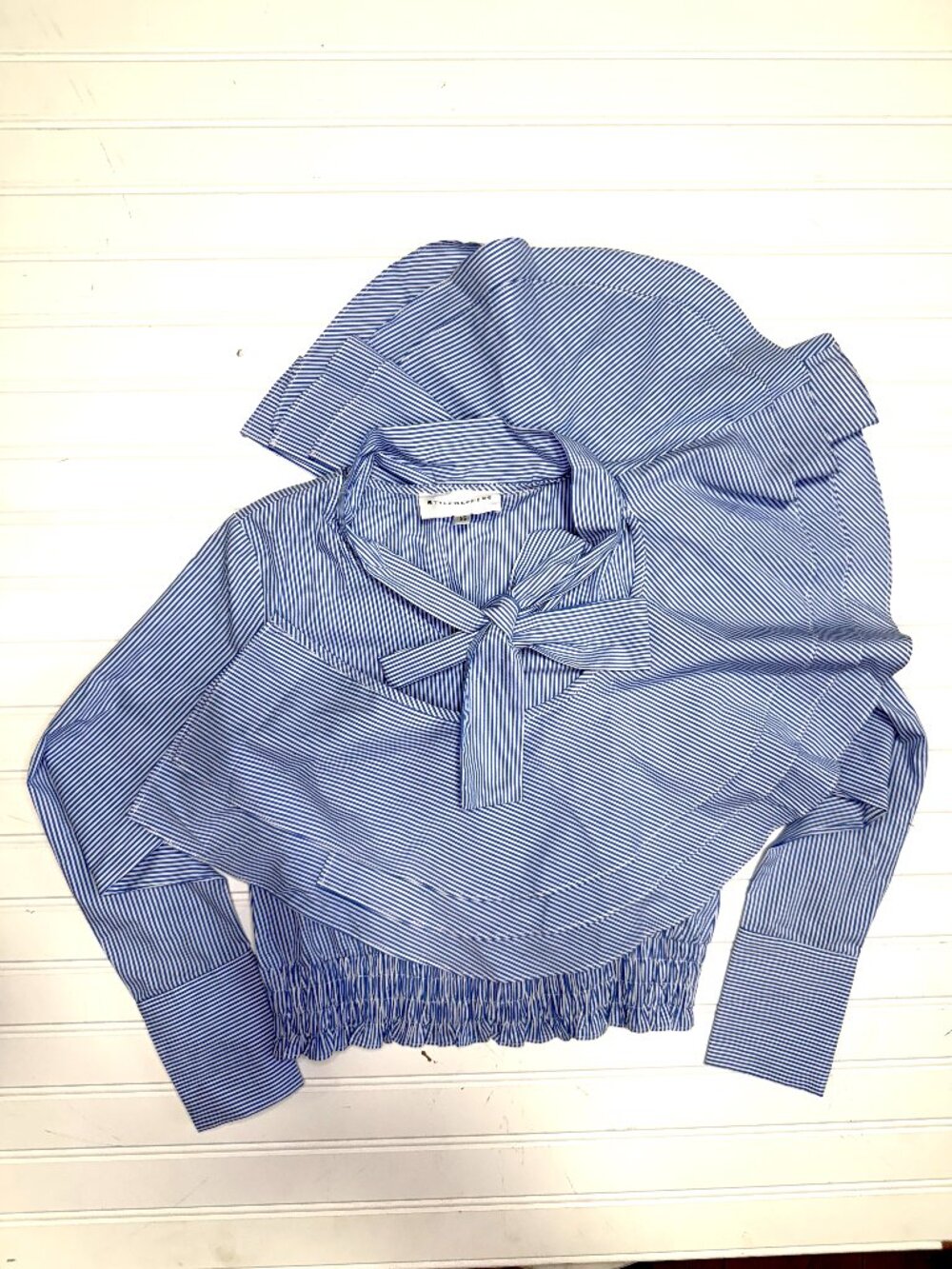 Stylekeepers Blue Stripe Ruffle Crop Top Tie Neck Blouse XS